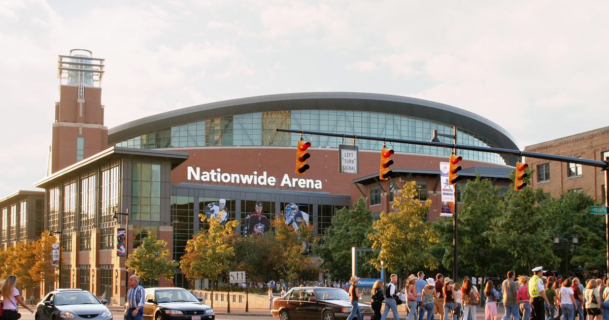 Nationwide Arena lit for a Blue Jackets home opener