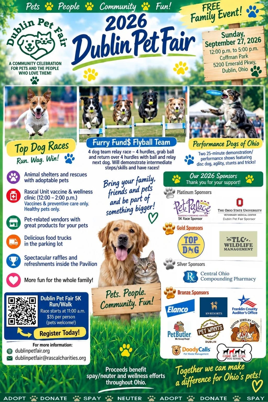Dogs and pet adoption booths at an outdoor community fair