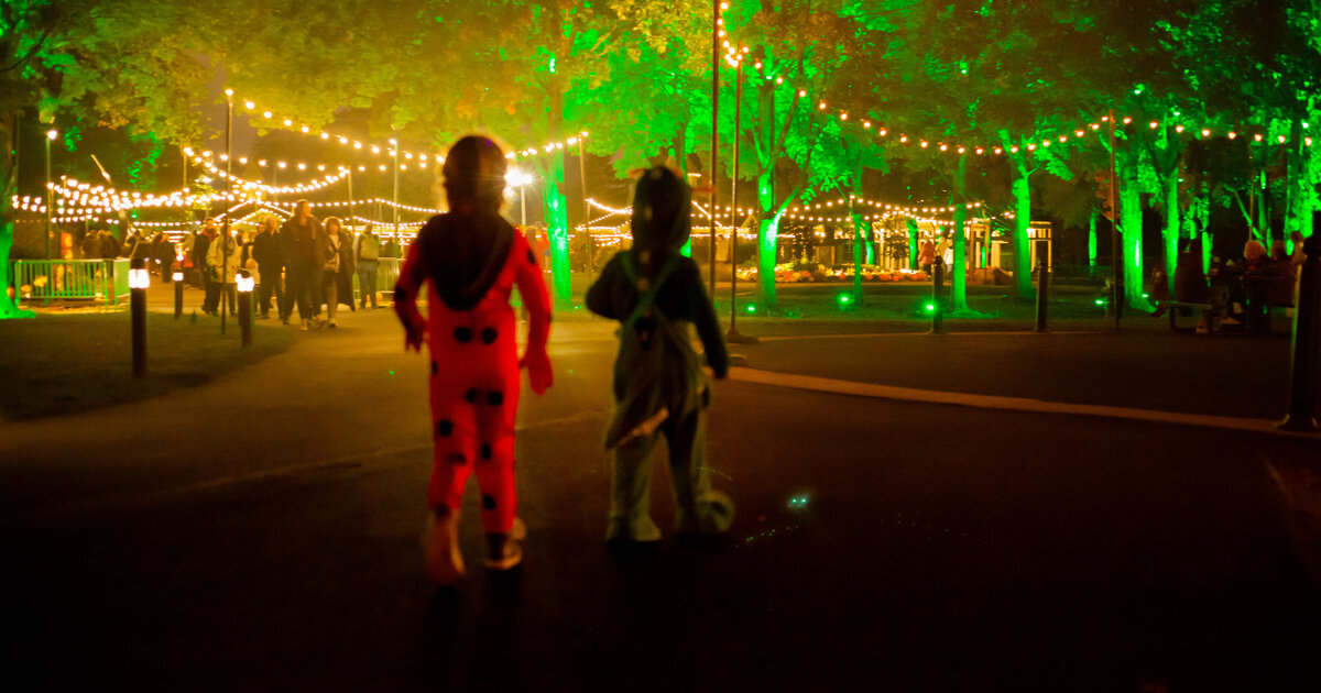 Families walking lit paths during Pumpkins Aglow at Franklin Park Conservatory