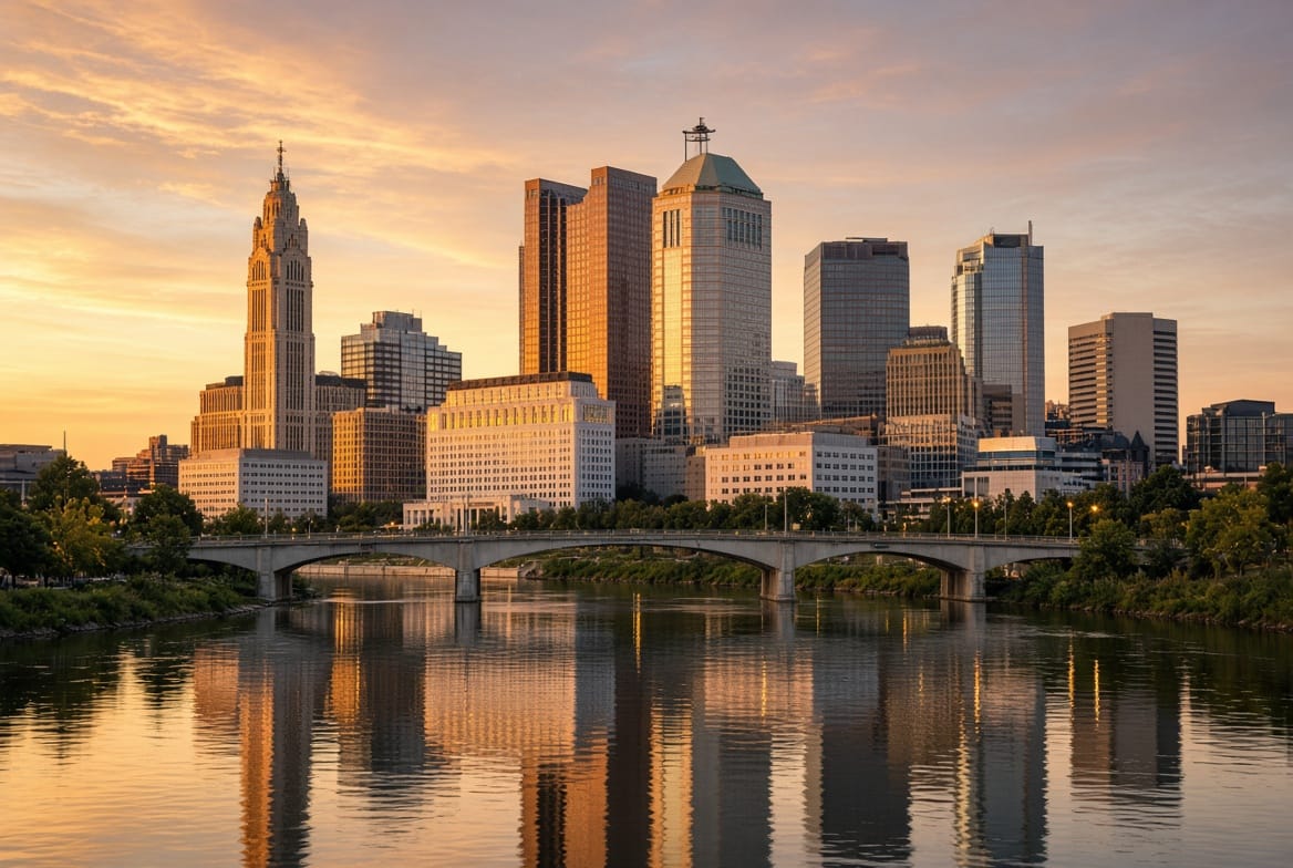 Columbus Ohio skyline and neighborhoods along the Scioto