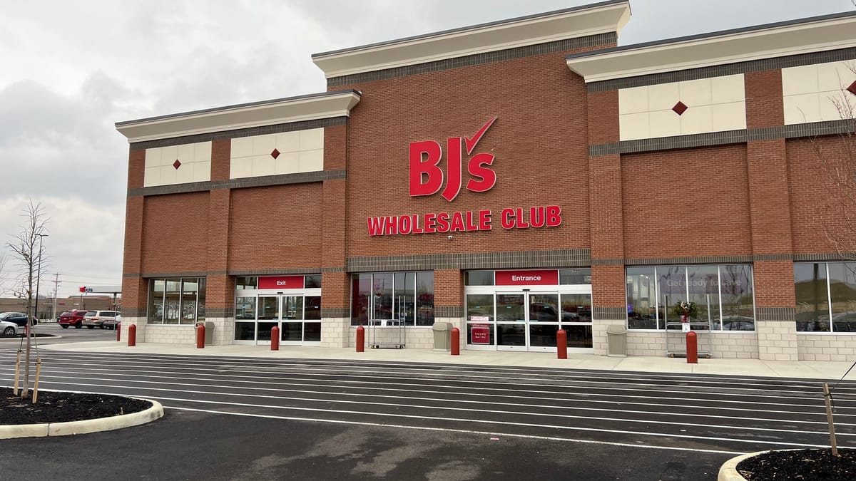 Exterior entrance and red BJ's Wholesale Club signage at an existing Ohio club storefront