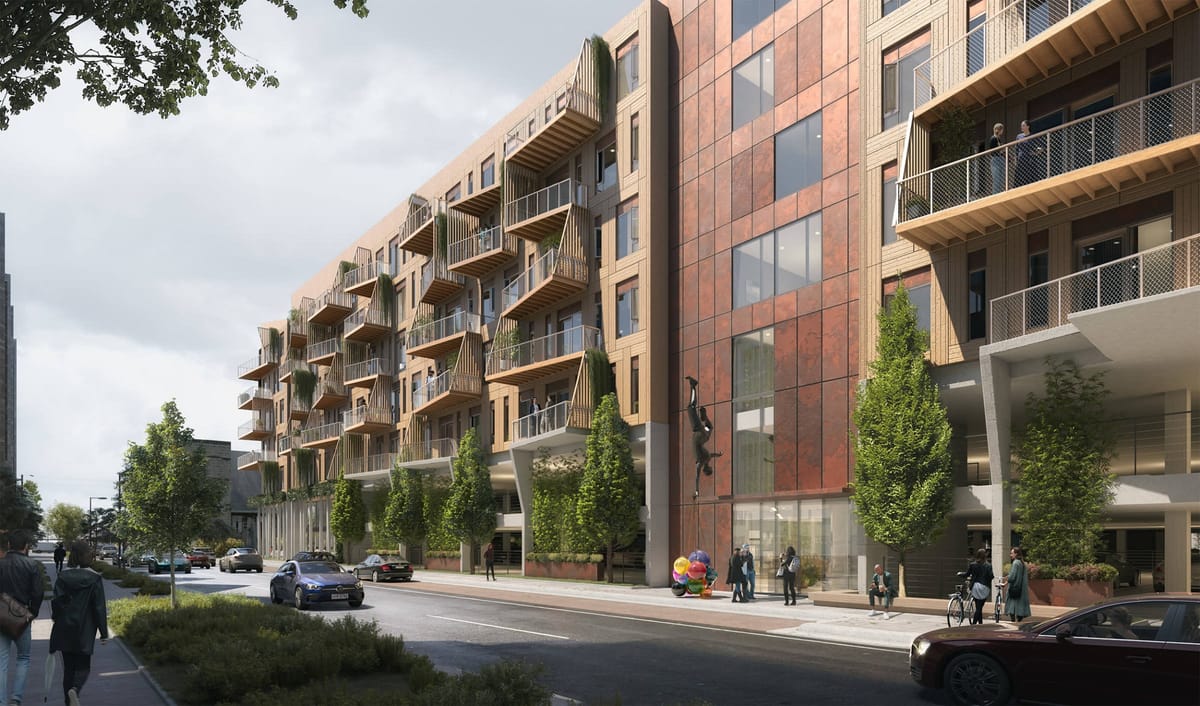 Architectural view of Green House apartments at Kaufman's Gravity along Broad Street in Franklinton
