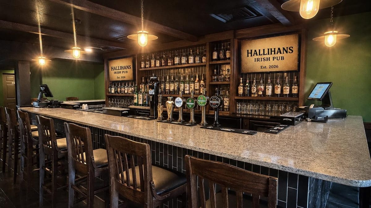 Hallihan's Irish Pub bar interior with Est. 2026 signs, taps, and pendant lights