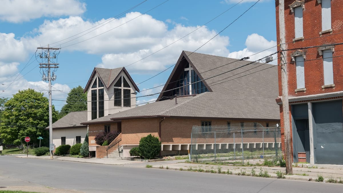 Near East Side Columbus street corner with Refuge Baptist Church along the Mt. Vernon corridor