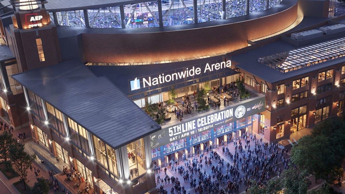 Nighttime conceptual rendering of Nationwide Arena Front Street plaza and terrace renovation