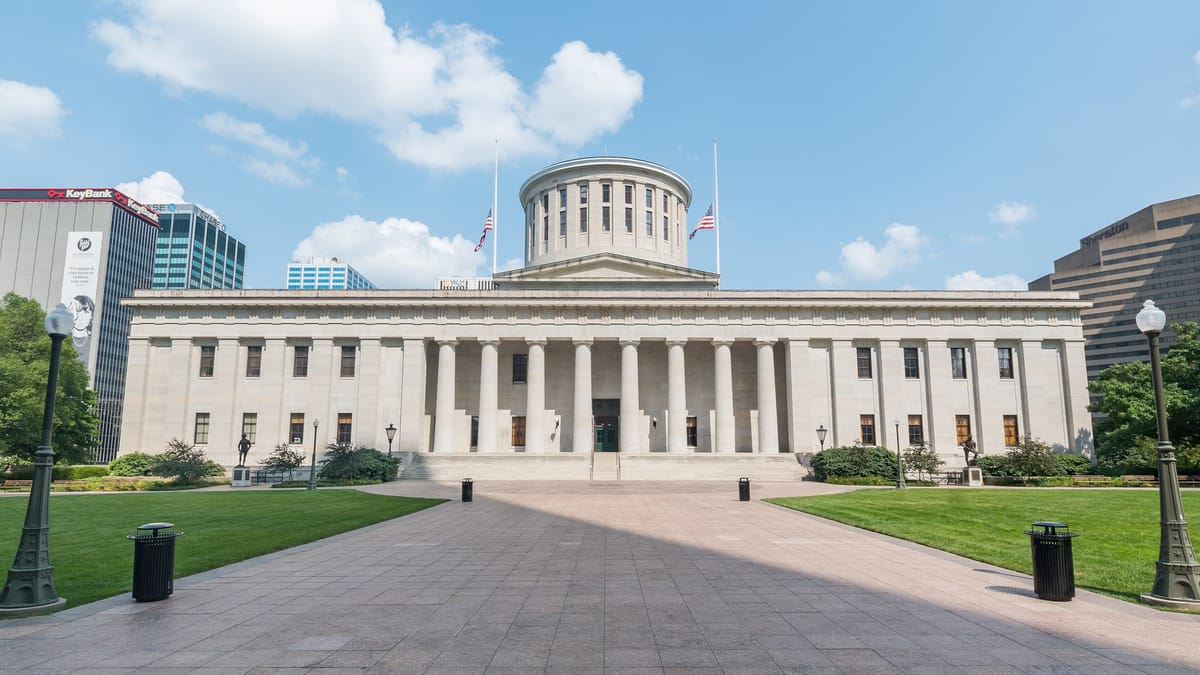 Ohio Statehouse exterior and west plaza on Capitol Square in downtown Columbus