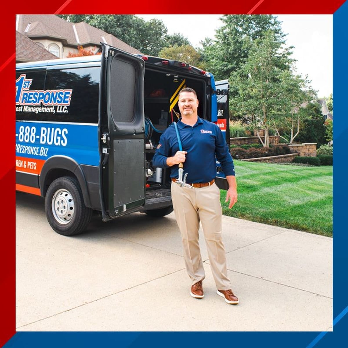 1st Response Pest Management technician beside a branded service van