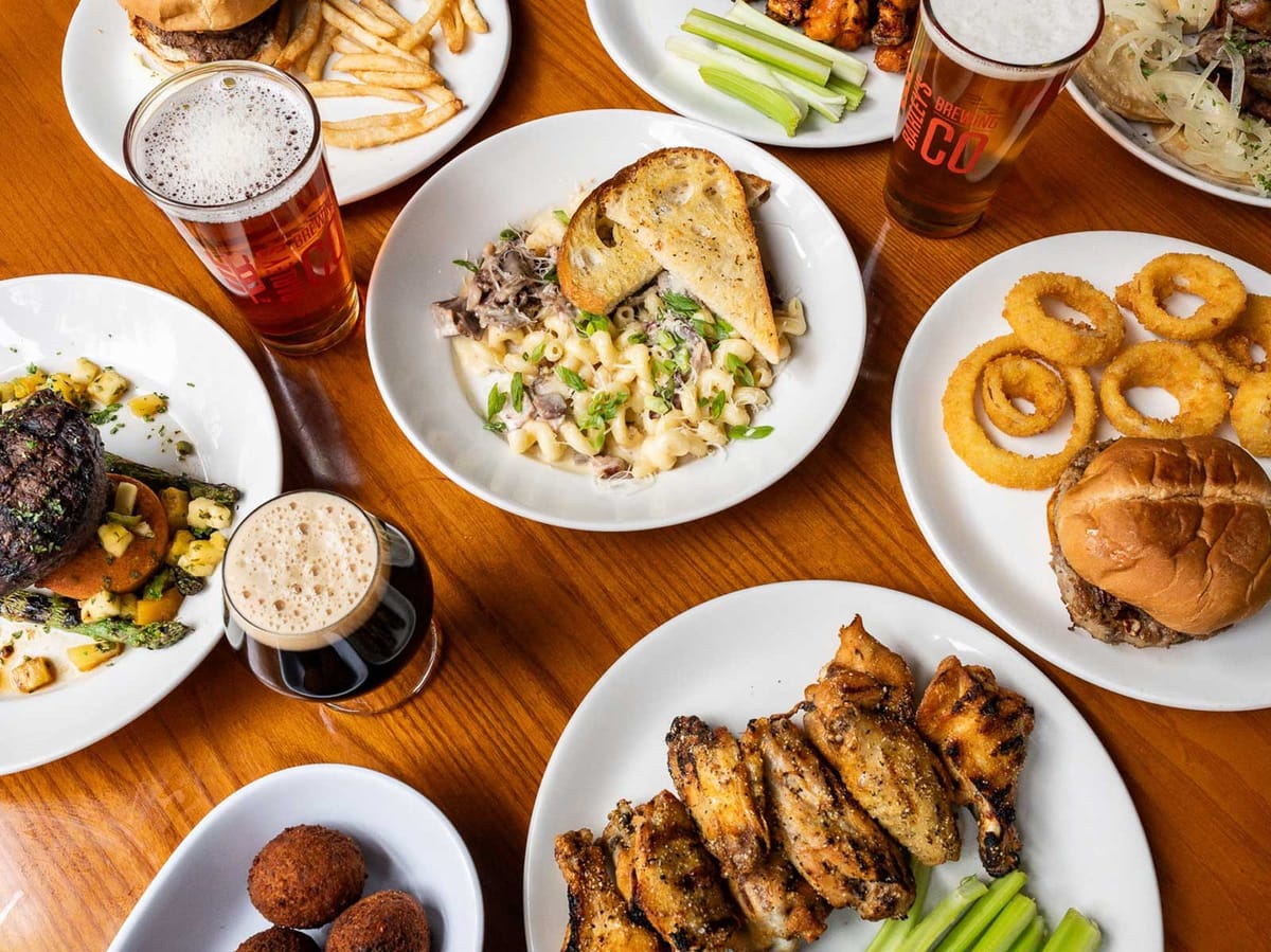 Barley's Brewing food spread with pierogies and house beer