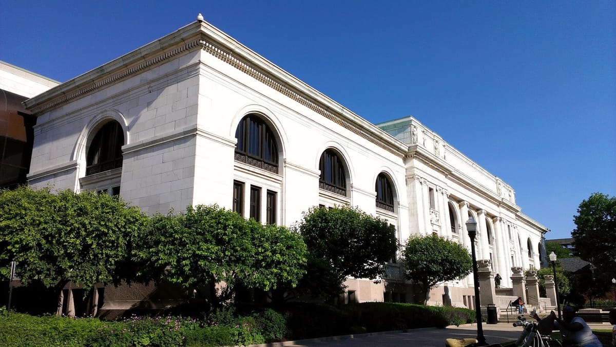 Columbus Metropolitan Library Main Library stone facade on Grant Avenue