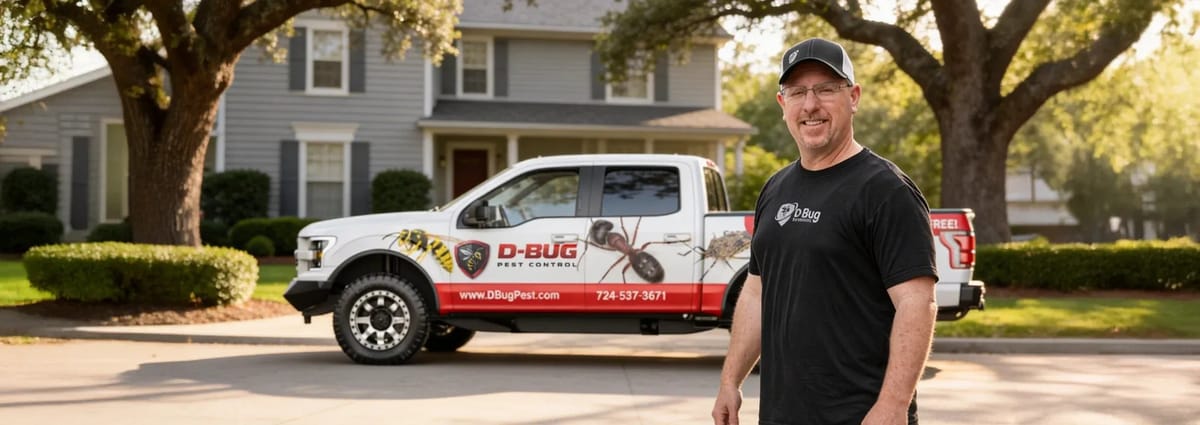 D-Bug Pest Control branded truck and staff member in a driveway