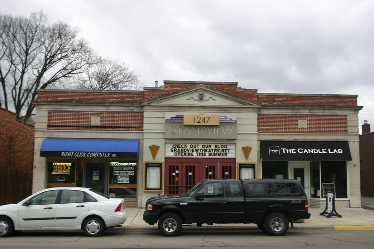 Grandview Theater marquee and red doors on Grandview Avenue