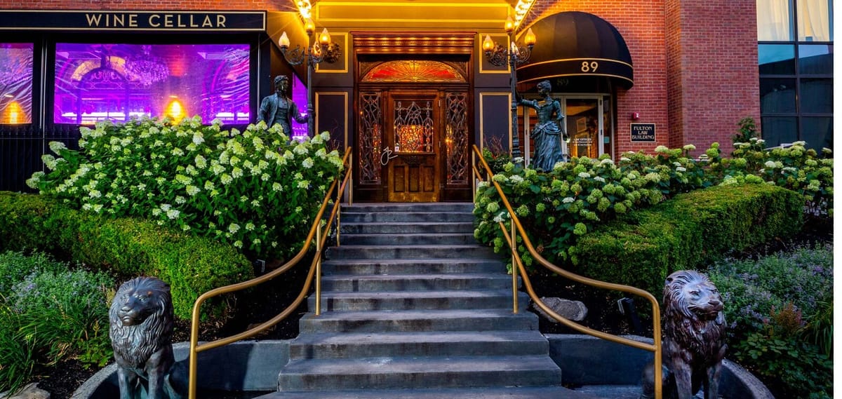 Lion-flanked entrance to Jeff Ruby's Steakhouse on Nationwide Boulevard