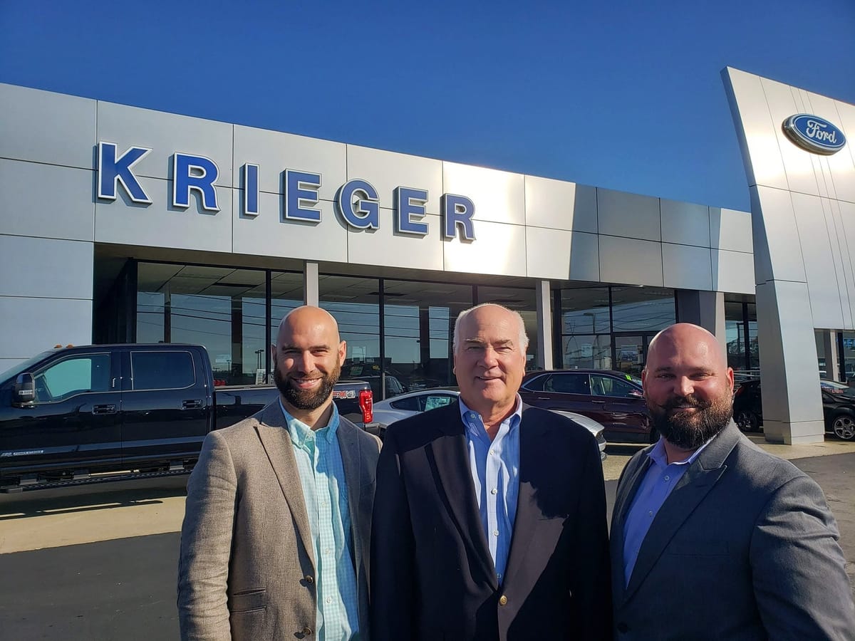 Krieger Ford storefront with Ford pylon and vehicles on Morse Road in Columbus