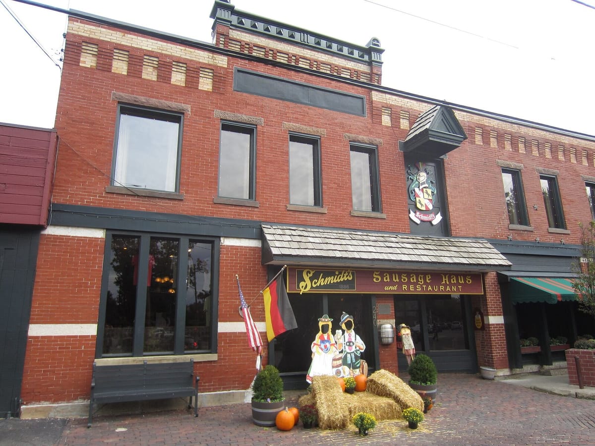 Schmidt's Sausage Haus und Restaurant storefront with 1886 crest in German Village