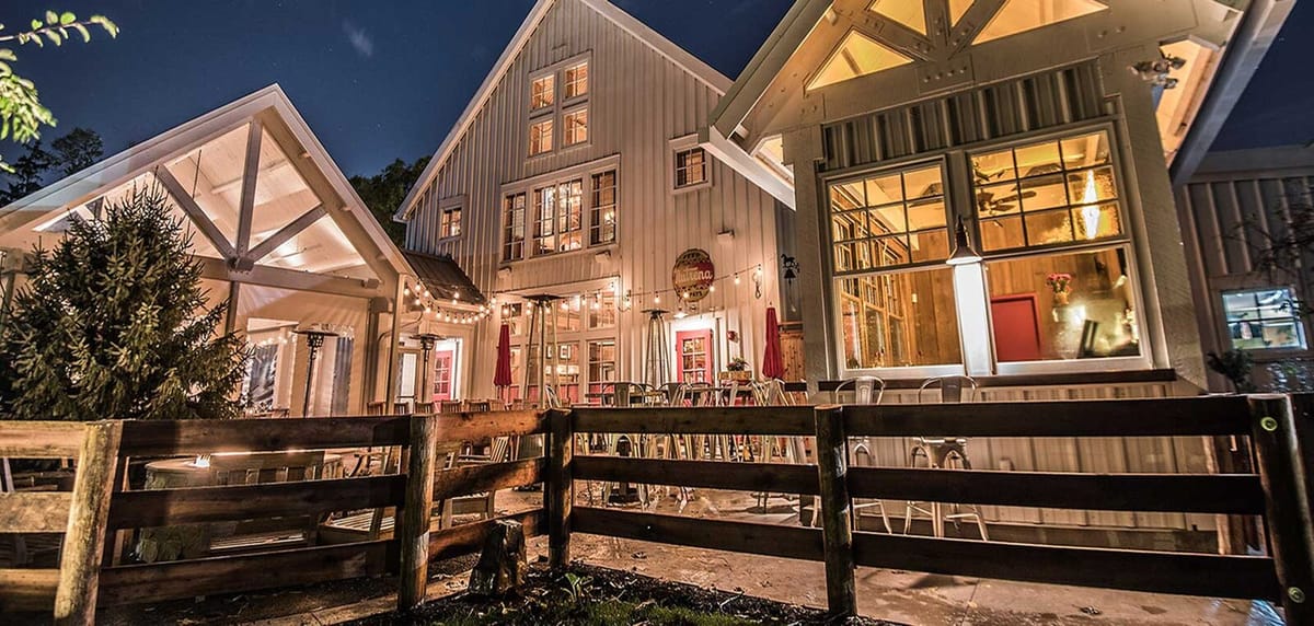 Nighttime exterior and patio at The Barn at Rocky Fork Creek in Gahanna
