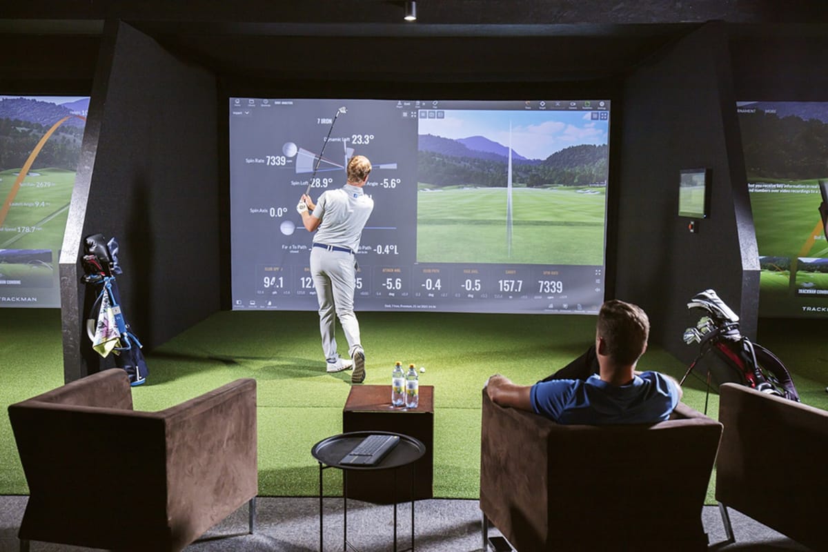 TrackMan simulator bay and lounge seating at The Fairway Columbus